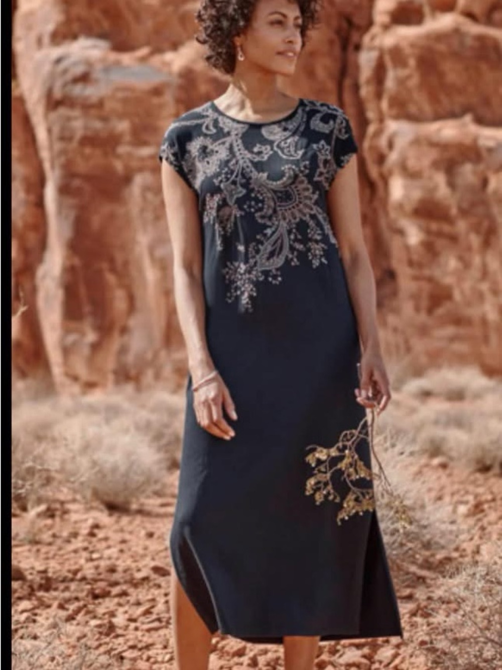 J. Jill Navy Maxi Dress with Metallic Paisley Accents